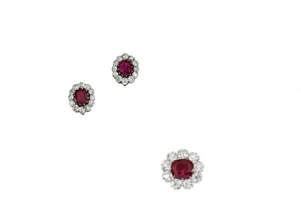 Pair of ruby and diamond earrings, late 19th, and a ruby and diamond brooch, early 20th century - Sotheby's Geneva 14 Nov 2018